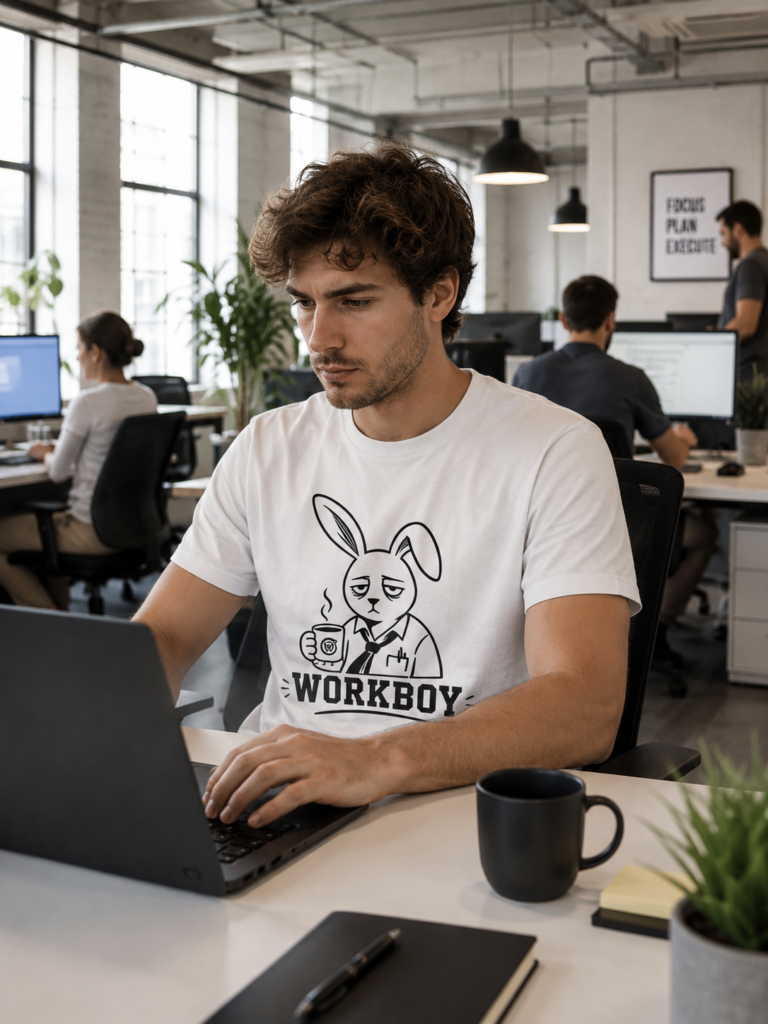 Un chico con una camiseta con un conejo que pone Workboy