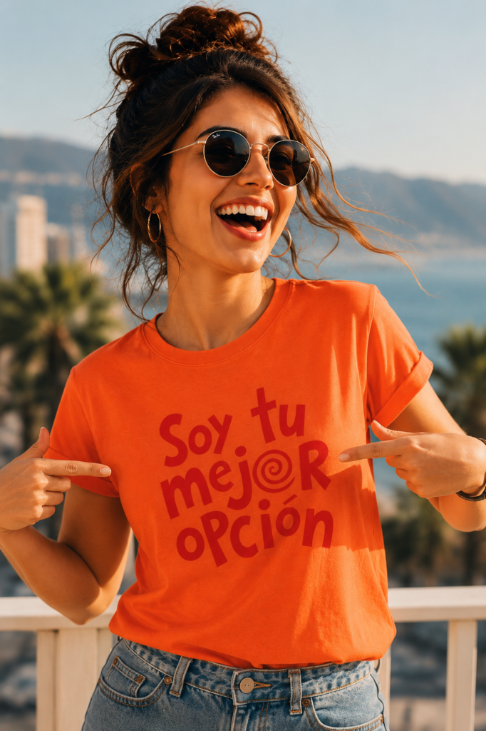 Una chica con gafas de sol lleva puesta na camiseta de Soy tu mejor opción