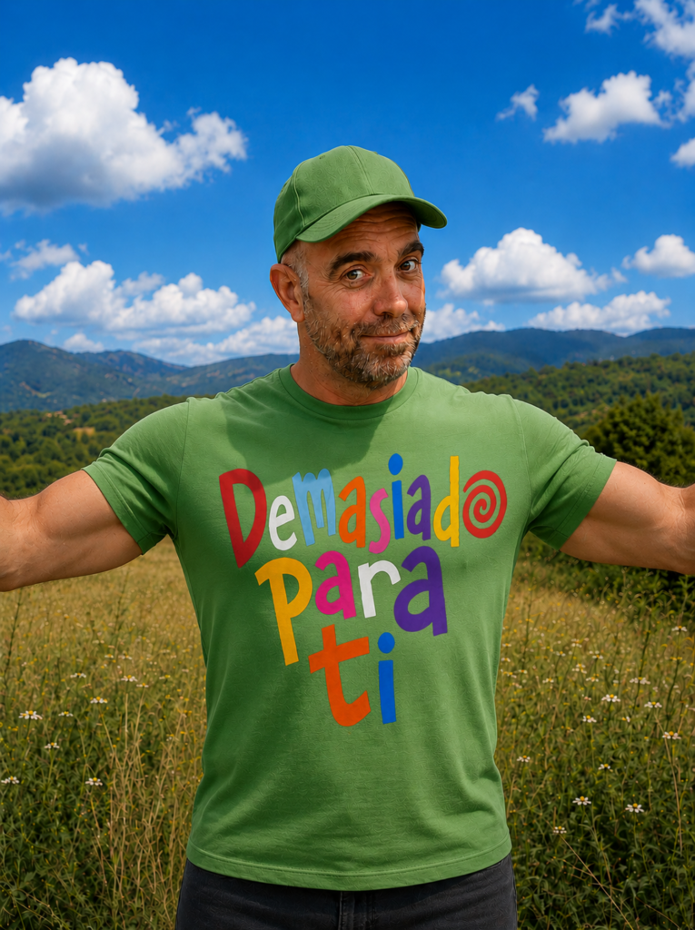 Un hombre con una camiseta verde en la que pone un texto que dice: Demasiado para ti.