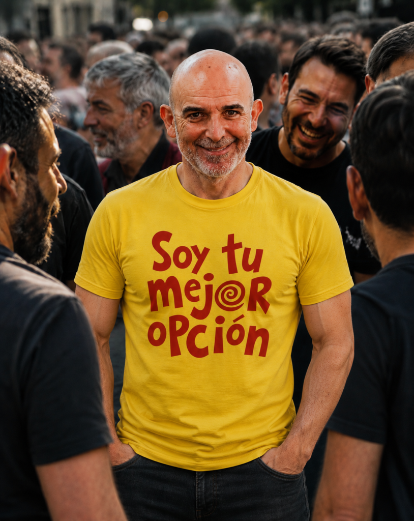 Un hombre con una camiseta amarilla que dice soy tu mejor opción