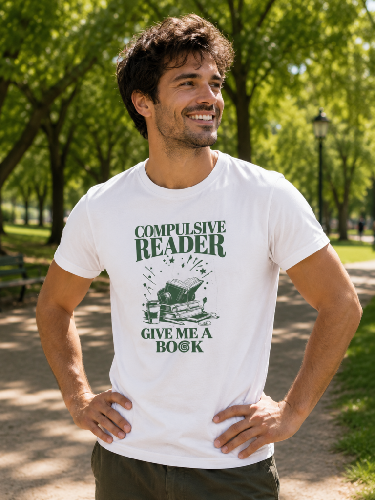 Un chico lleva una camiseta blanca con letras verdes en las que pone Compulsive Reader. Give me a book