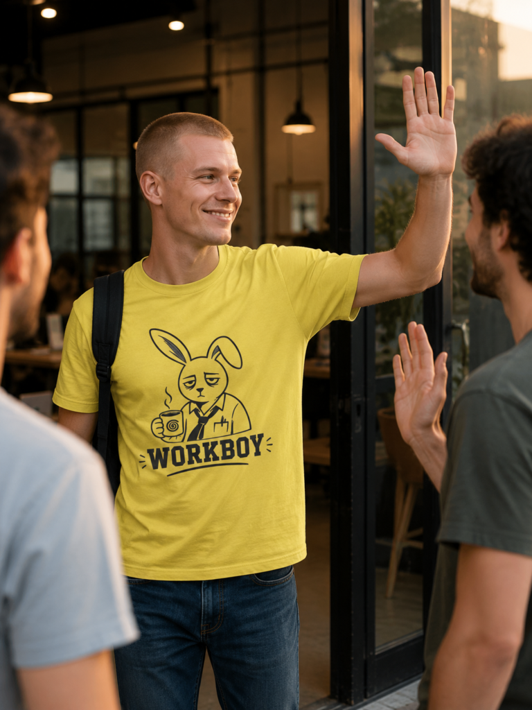 e pelo corto lleva una camiseta de Workboy mientras se despide de sus compañeros al salir del trabajo.