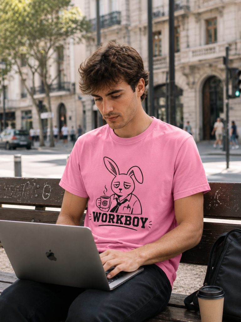 Un chico trabaja en un ordenador sentado en un banco de una ciudad. Lleva puesta una camiseta de Worboy