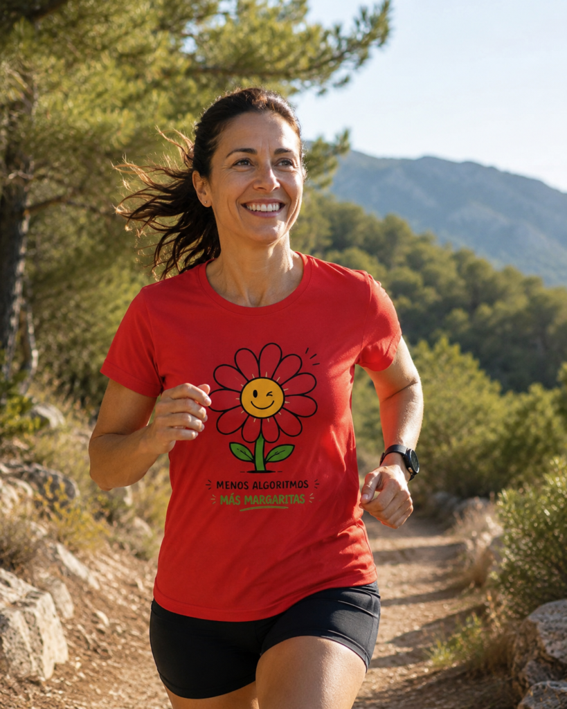 Una chica corre por un sendero. Lleva puesta una camiseta de Menos algoritmos más margaritas.