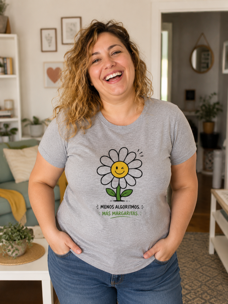 Una chica regordeta con algo de sobrepeso y muy risueña está en su casa con la camiseta que te he subido. Es importante que la camiseta se vea bien.