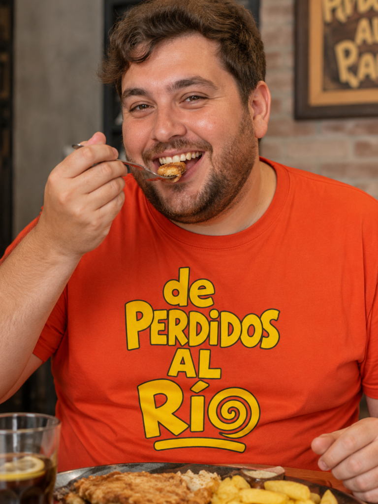 Un chico lleva una camiseta de perdidos al río mientras come.