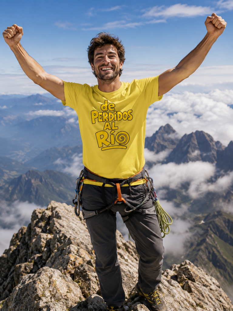 Un hombre en lo alto de una montaña lleva puesta una camiseta de perdidos al río. Es de color amarillo.