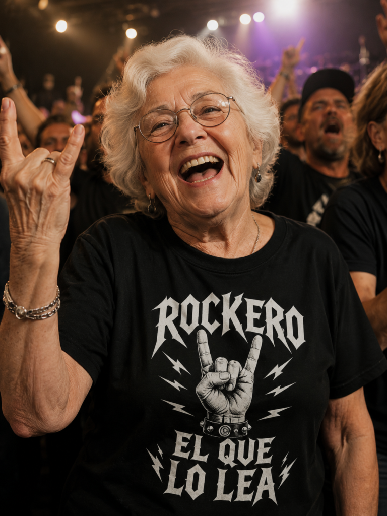 Una abuela con la camiseta de rockero el que lo lea.