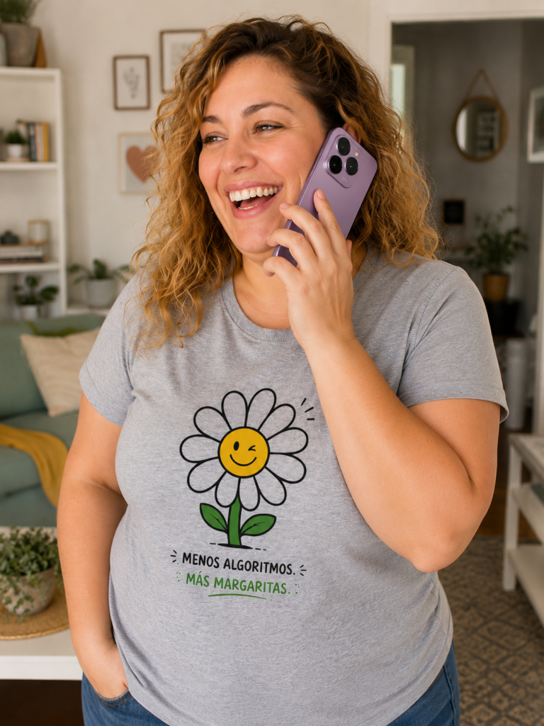 Una chica está hablando con un teléfono Xiaomi