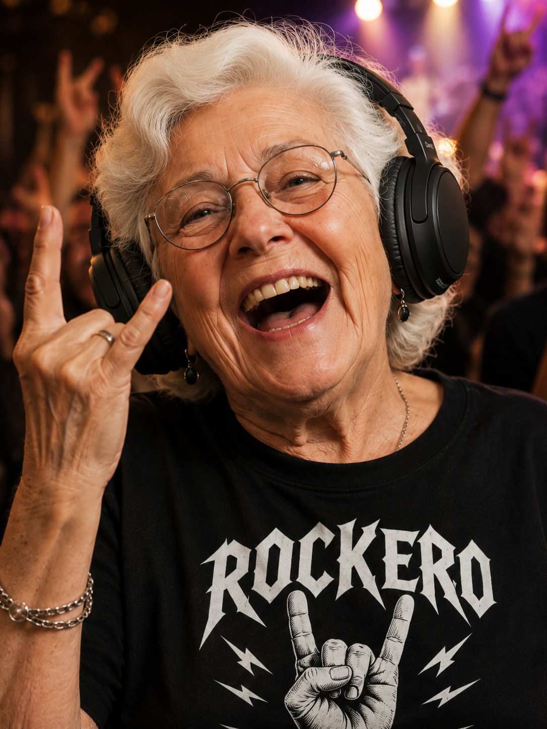 Una abuela con unos auriculares Sony.