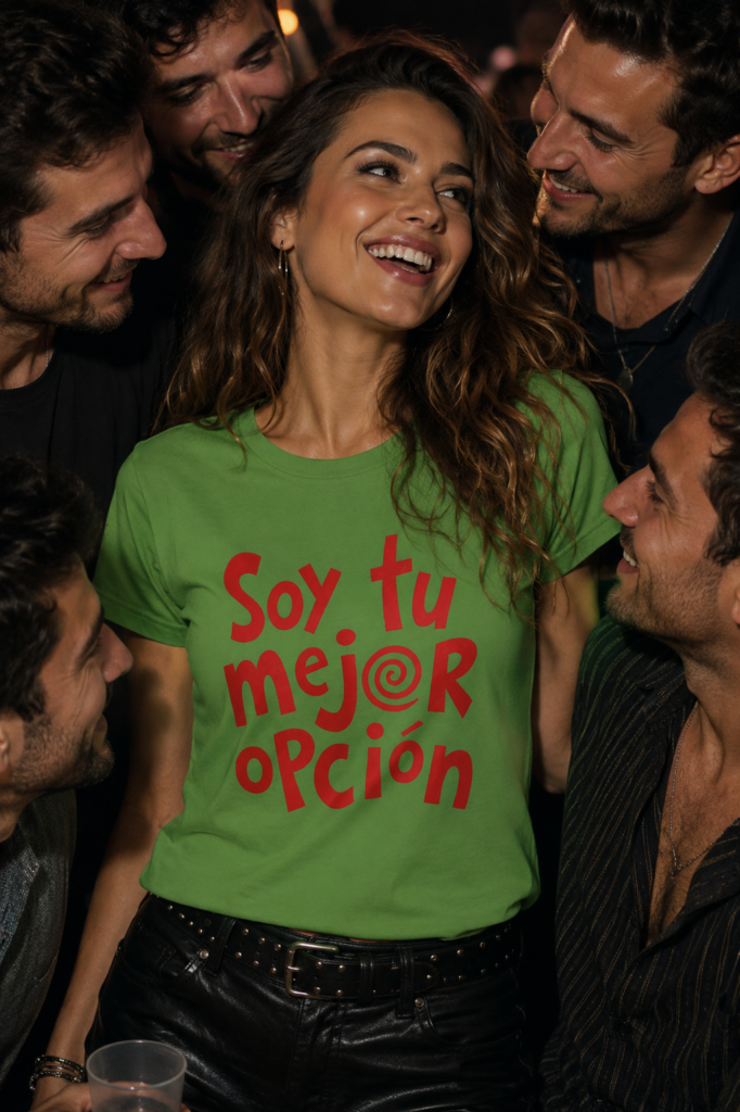 Una chica rodeada de chicos lleva una camiseta con el texto Soy tu mejor opción.