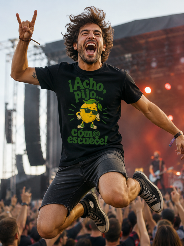 Un chico en un concierto de rock salta con la camiseta de acho pijo cómo escuece