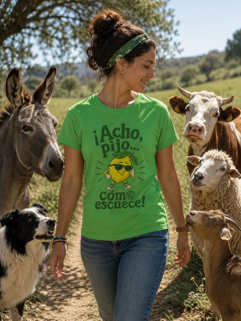 Una chica camina entre animales por el campo. Lleva puesta una camiseta de Acho pijo cómo escuece.
