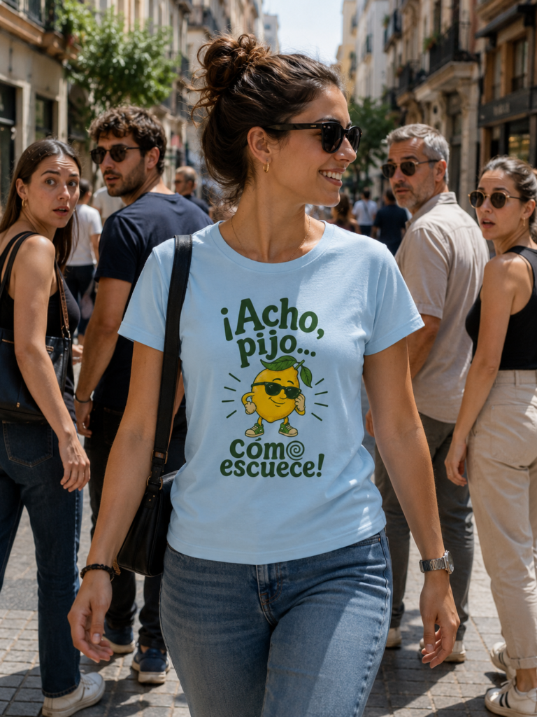 Una chica camina por la ciudad con la camiseta de Acho pijo cómo escuece. La gente se vuelve al verla pasar.