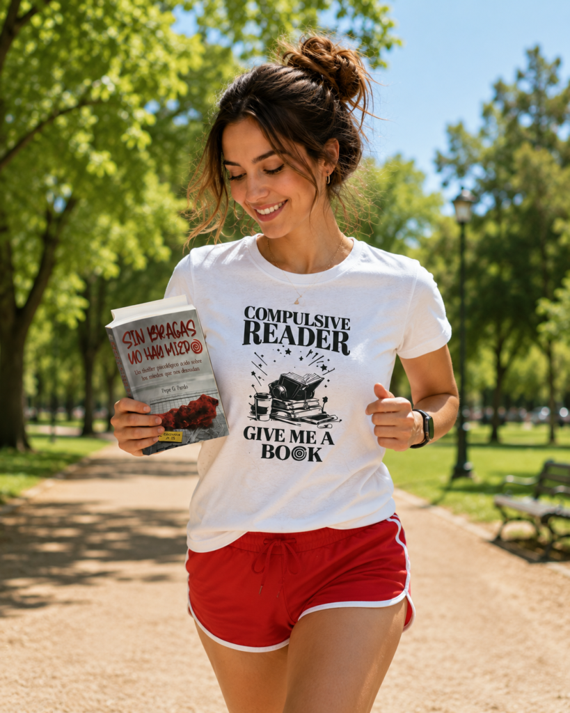 Una chica corriendo lleva una camiseta de Compulsive Reader y un libro de Sin bragas no hay miedo en la mano