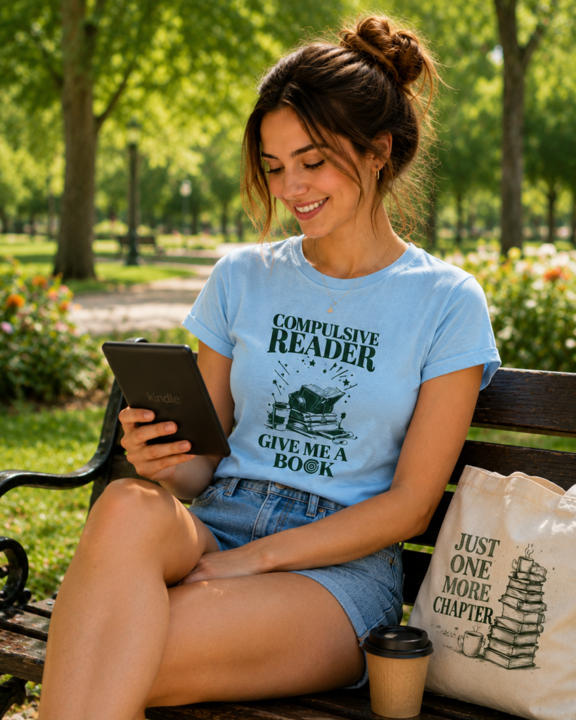 Una chica está leyendo con un Kindle en un parque