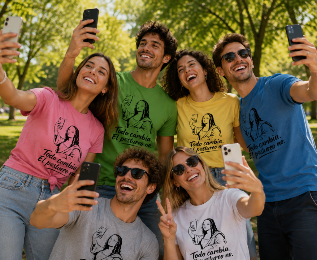 Un grupo de chicos y chicas con camisetas de varios colores con el texto "Todo cambia, el postureo no. Todos se están haciendo selfis